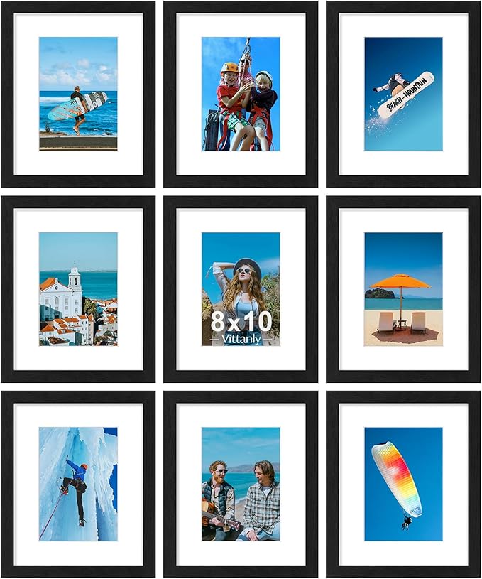 Vittanly 8x10 Picture Frames Set of 9, Shatter Resistant Plexiglass, Display 5x7 Pictures with Mat or 8x10 without Mat, Photo Frames for Wall or Tabletop, Engineered Wood, Black