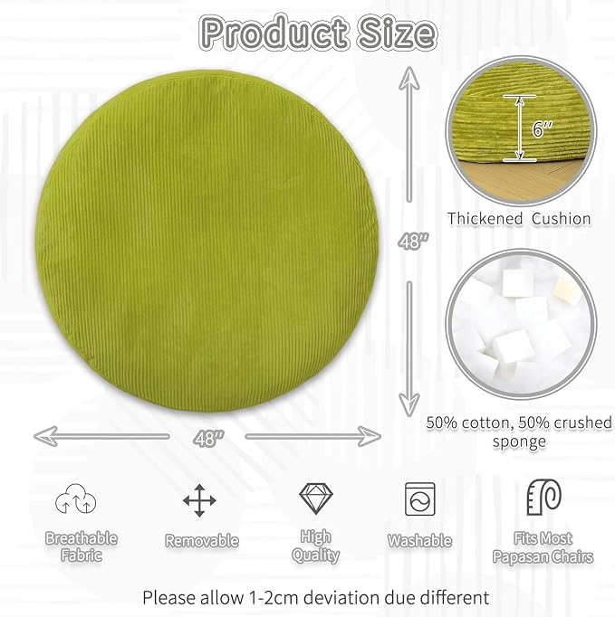 Papasan Breathable Round Chair Cushion (Without Chair) with Detachable Corduroy Cover,48 x 48 x 6 Inch Oversized Round Chair Pad Supportive Cushion, Overstuffed Chair Cushion,Memory Foam Filling,Sage
