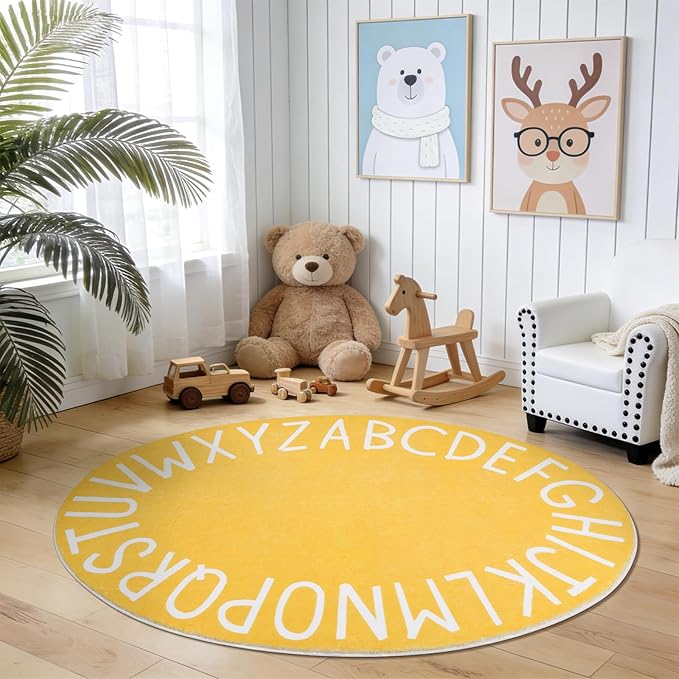 Topotdor Oval Kids Play Rug Alphabet Nursery Area Rug Extra Large Soft Crawling Play Mat for Children Toddlers Bedroom (47x70 inch, Yellow)