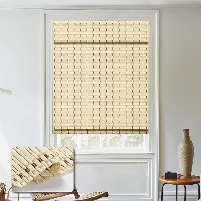 Cordless Bamboo Roman Shades, Light Filtering Bamboo Blinds Shades for Indoor Windows, UV Protection Roll Up Blinds for Home, Office, 26" W x 64" H, Beige