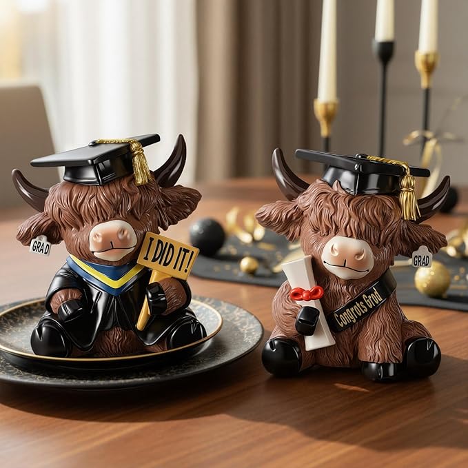 Karenhi 2 Pcs Graduation Highland Cow Figurines, Resin Congrats Grad Decorations, I Did It and Diploma Yak Collectibles for 2026 Graduation Gifts Party Table Centerpiece