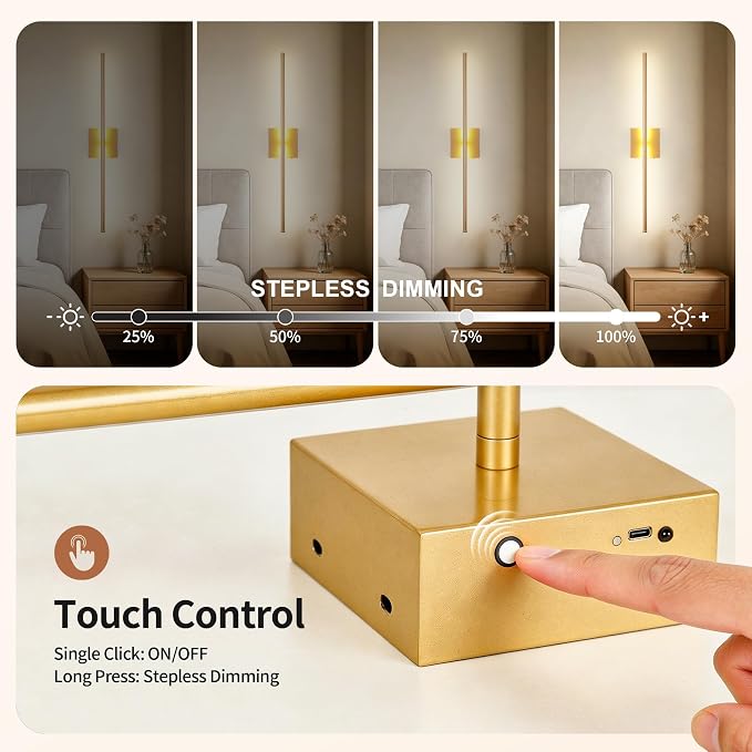 KARTOOSH 28.3 Inch Wall Sconces Battery Operated for Living Room Gold | Rechargeable Wireless Wall Lamp Set of 2, 3000K Warm White Dimmable Wall Light Remote Control Indoor Lighting for Bedroom