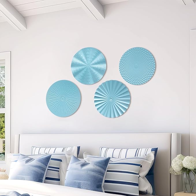 Hicarer 4 Pcs 12 Inch Metal Wall Art Decor Sunburst Hanging Metal Artwork Decor Wall Art Decorations for Home Living Room Office Gift for Christmas(Ocean Blue)
