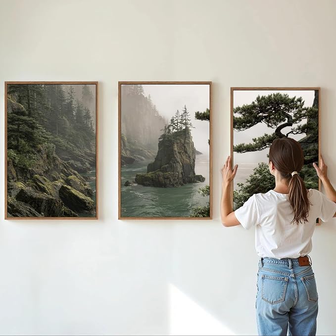 Rantodecor Coastal Forest Framed Canvas Wall Art, Pacific Northwest Coast landscape Wall Decor, Nature PNW Mountain Sea Art Paintings, Sage Green Pine Artwork for Bedroom Living Room Office 24"x36"x3