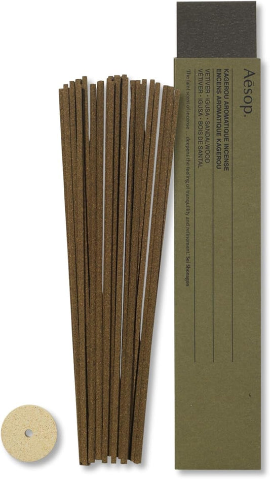 Aesop Kagerou Aromatique Incense Sticks | Earthy & Smoky Aroma of Vetiver and Sandalwood | 33 Sticks, 30-Min Burn Time | Includes Kanuma Pumice Holder | Vegan, No Synthetic Fragrance