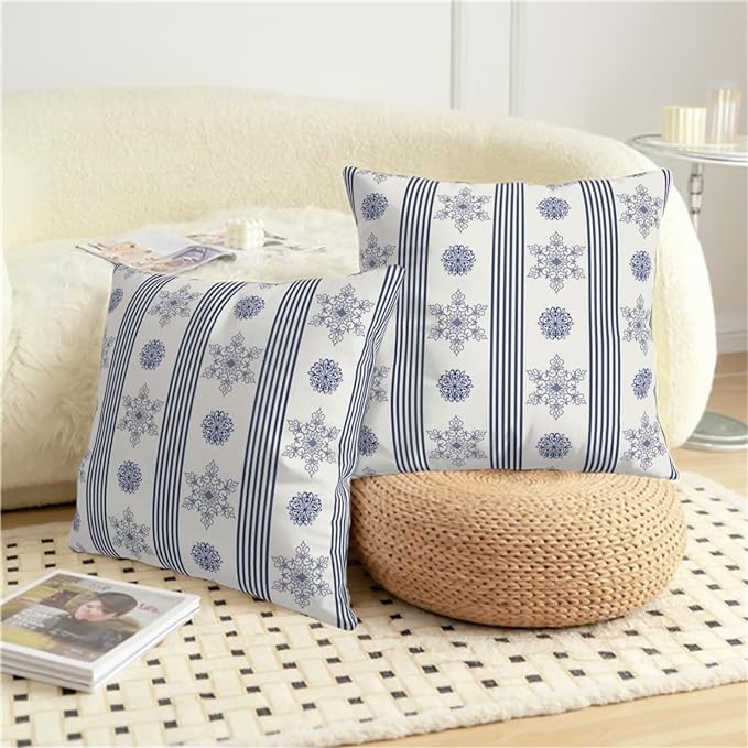 Winter Pillow Covers Blue and White Porcelain Blue Snowflakes Striped Throw Pillow Covers Navy Blue Floral Pillowcase 20x20 Set of 2 Neutral Cushion Case for Couch Sofa