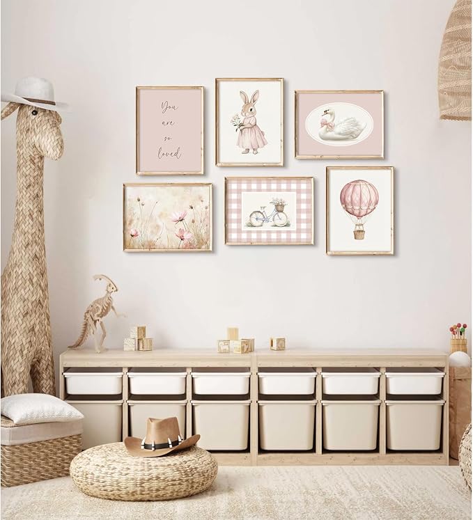 Pink Nursery Wall Art Decor Baby Girl Room Pictures Vintage Nursery Canvas Wall Decor Bunny Prints Floral Swan Poster Cute Rabbit Painting Artwork for Toddler Girls Bedroom 12x16x6 Inch Unframed