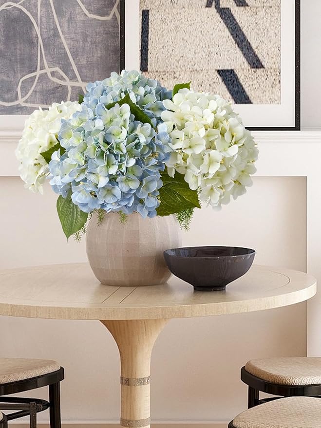 ZYTUYO 2PCS White & 2PCS 20" Light Blue Hydrangea Artificial Flowers Real Touch Faux Hydrangeas with Long Stem for Spring Home Decor Baby Shower Floral Arrangement Kitchen Party Wedding Xmas Decor