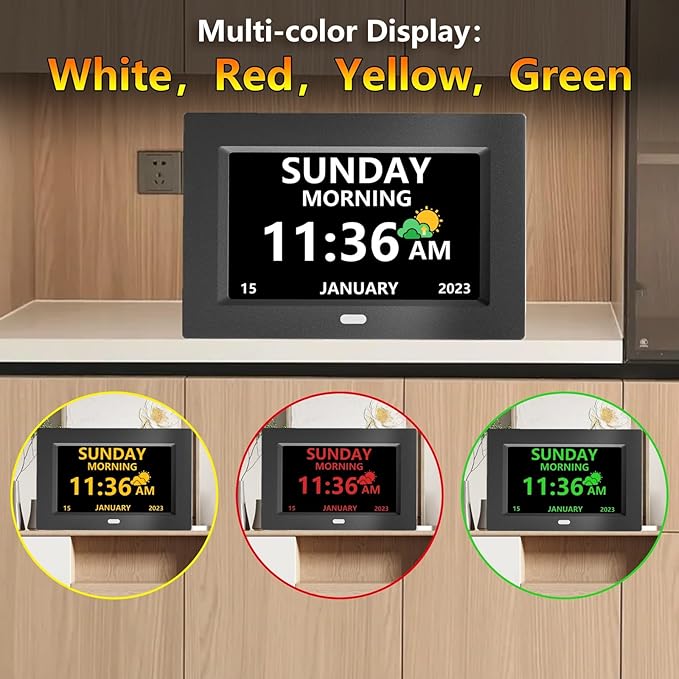 LXBYJKJ 7 Inch Digital Clock with Day and Date for Elderly Alzheimer's Clock Customizable Alarms 3 Display Modes Large Font Alarm Clock for Seniors Auto DST Black