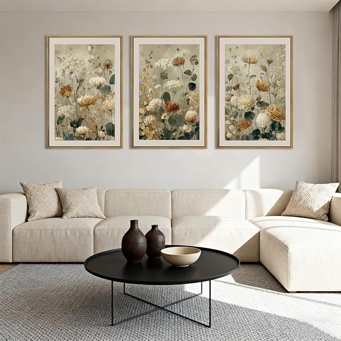 Anyzal Large Neutral Wildflower Farmhouse Framed Wall Art 16x24 Inch Vintage Floral Canvas Wall Decor Olive Botanical Art Prints for Living Room Bedroom Dining room