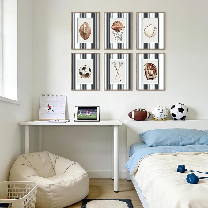 Sports Wall Art Decor Toddler Boys Room Canvas Prints Vintage Sports Nursery Wall Decor Baby Kids Poster Football Baseball Pictures Basketball Soccer Artwork for Children Bedroom 12x16x6 Inch Unframed