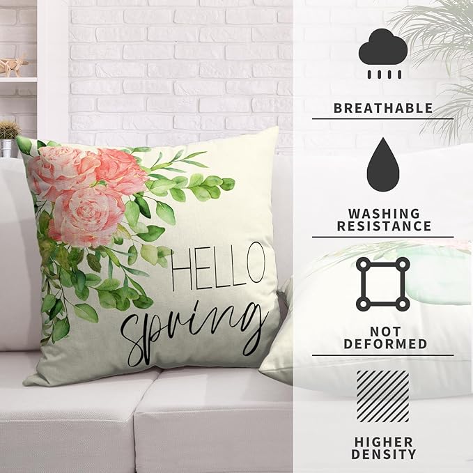Spring Summer Rose Throw Pillows Case Pink Floral Decorative Cushion Case Shabby Chic Pillow Covers 20x20 Square Cotton Linen Pillowcase for Sofa Couch Bed, Set of 2