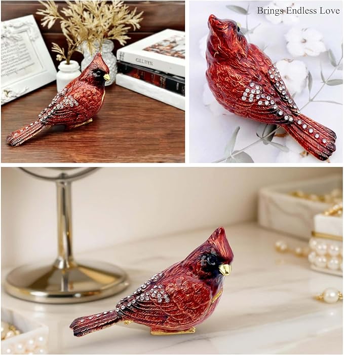 Luxury Red Cardinal Bird Gifts Jewelry Trinket Boxes Hinged.Decorative Keepsake Ring Box.Necklace Rings Earrings Organizer.Bird Figurines Accents Home Decor Gifts for Women.