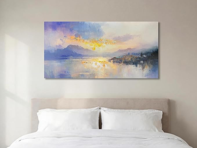 Ardemy Sunrise Lake Canvas Wall Art 48"x24" Misty Morning Mountain Landscape with Lakeside Cabin, Hand-Textured Soft Glow Picture for Living Room Bedroom Home Office Decor