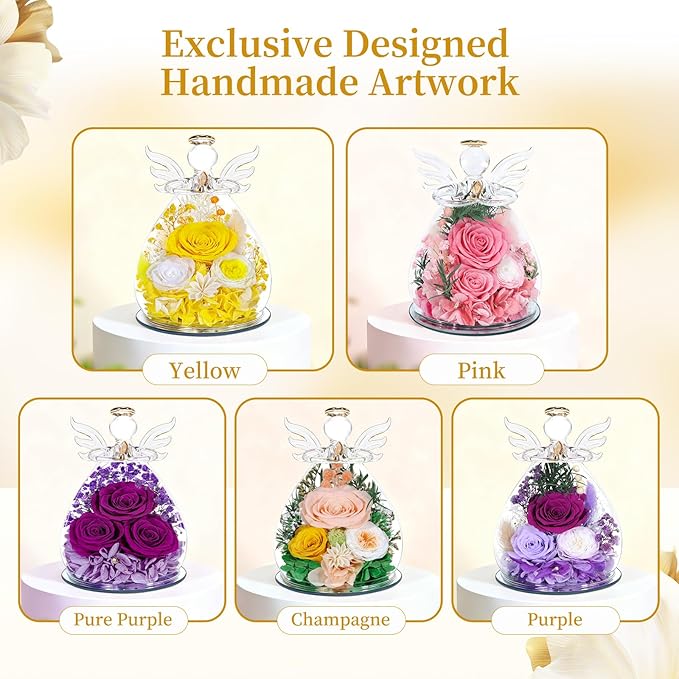 Gifts for Women Mom Preserved Rose Forever Flower Eternal Roses in Glass Angel Figurines Fresh Flowers for Delivery Prime Mothers Day Birthday Gift for Her Wife Grandma on Valentines Day Anniversary