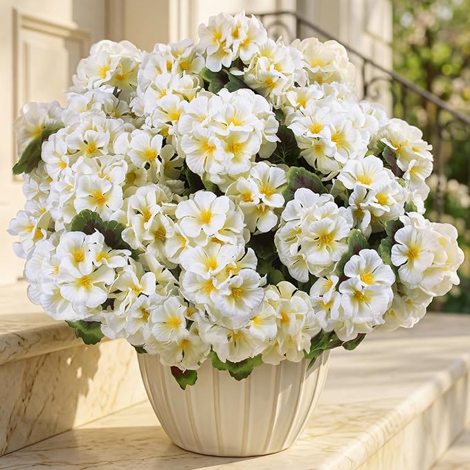 lovemoon 8 Pcs Artificial Geraniums for Outdoors Realistic Silk White Flowers UV Resistant Faux Geranium Flowers for Outdoor Front Door Porch Home Garden Office Decoration (8, White)