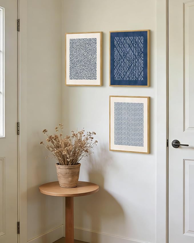 PHOPAGO Neutral Abstract Framed Wall Art Bohemain Blue Mid-Century Wall Decor Modern Blue Mid-Century Geometric Art Paints for Kitchen Dining Room - 11x14in Natural Framed