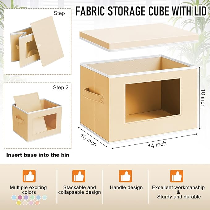 Threehoney 10 Pcs Fabric Storage Cubes with Lids and Clear Windows 14x10 Inch Foldable Closet Organizer Bins Aesthetic Pastel Storage Bins for Shelves Dorm Essentials Craft & Office Organization