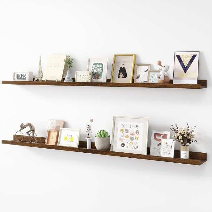 Acovy Picture Ledge Shelf, Wood, 56 inch, Walnut, Set of 2 | Long Floating Shelves, Wall Mounted, For Living Room Kids' Room Bedroom, Photo Ledge Nursery Book Shelves