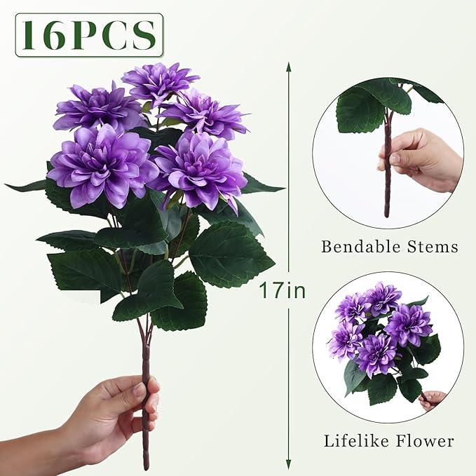 VIERENA 16 Bundles Artificial Dahlia Flowers for Outdoors Spring Summer Decor, No Fade Silk Flower Faux Dahlias Plant Arrangement for Home Garden Balcony Farmhouse（Purple）
