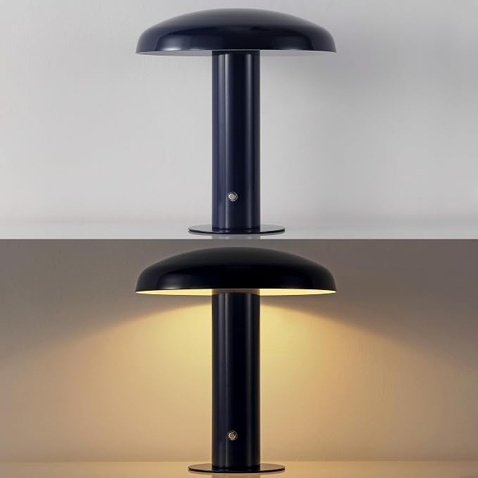 JONATHAN Y 11" Navy Rechargeable LED Mushroom Table Lamp, Cordless Portable Dimmable Mid-Century Modern Accent Lamp, with Metal Shade, Touch Sensor (JYL7114F)