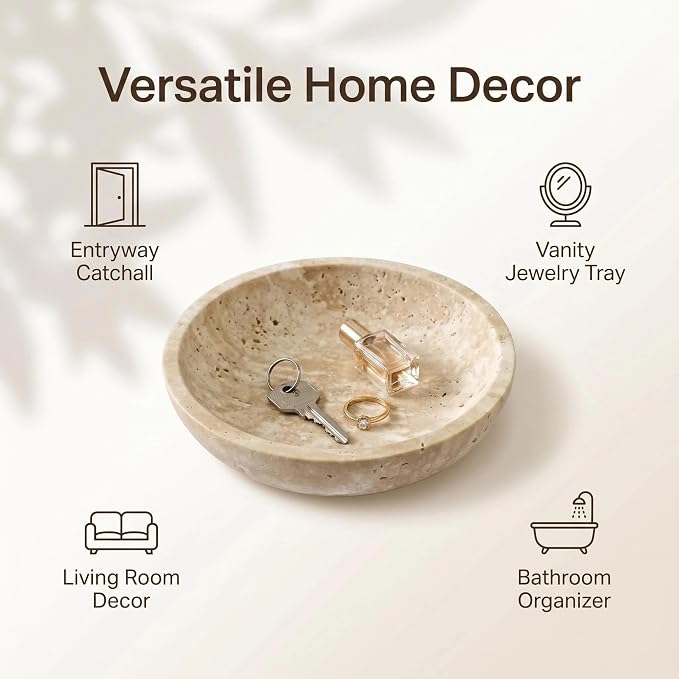 Large 7.87" Natural Travertine Stone Decorative Bowl, Beige Travertine Catchall Tray for Home Decor, Coffee Table Centerpiece, Fruit & Nut Bowl, Jewelry Dish, Key Holder (Limestone, 7.85)