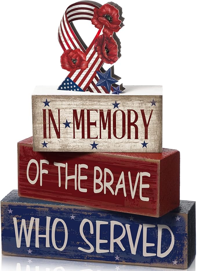 CroBlissful 4 Pcs Memorial Day Table Decorations Patriotic Tabletop Decorations Red White Blue Fourth of July Table Centerpieces Sign for Office Tiered Tray Home Shelf 250th Anniversary