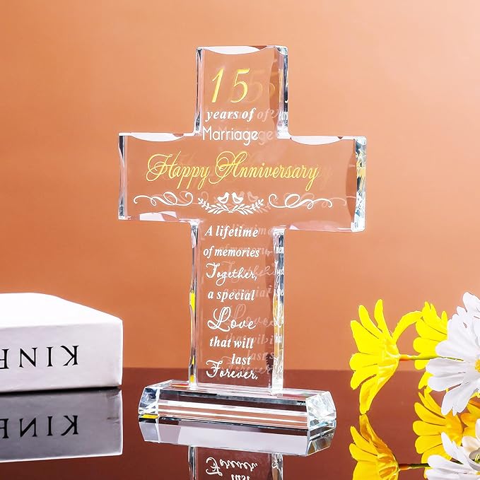 YWHL Happy 15th Anniversary Glass Cross Gifts for Couples, 15 Year Cross Wedding Anniversary Romantic Gifts for Her, 15 Years of Marriage Present for Him