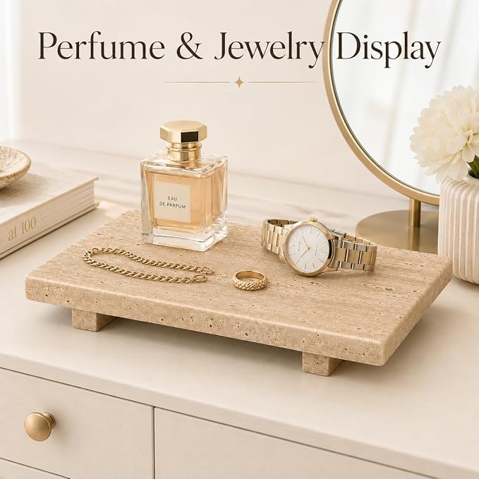Travertine Pedestal Decorative Tray 13.8 x 6.7 in | Vanity Tray for Perfume, Jewelry, Keys and Candles, Catchall Tray for Bathroom Counter, Dresser and Entryway Decor