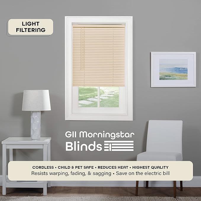 Cordless Light Filtering Mini Blind - 42 Inch Width, 64 Inch Length, 1" Slat Size - Alabaster - Cordless GII Morningstar Horizontal Windows Blinds for Interior by Achim Home Decor