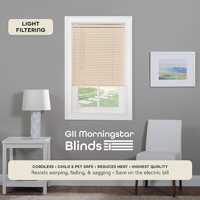 Cordless Light Filtering Mini Blind - 36 Inch Width, 72 Inch Length, 1" Slat Size - Alabaster - Cordless GII Morningstar Horizontal Windows Blinds for Interior by Achim Home Decor