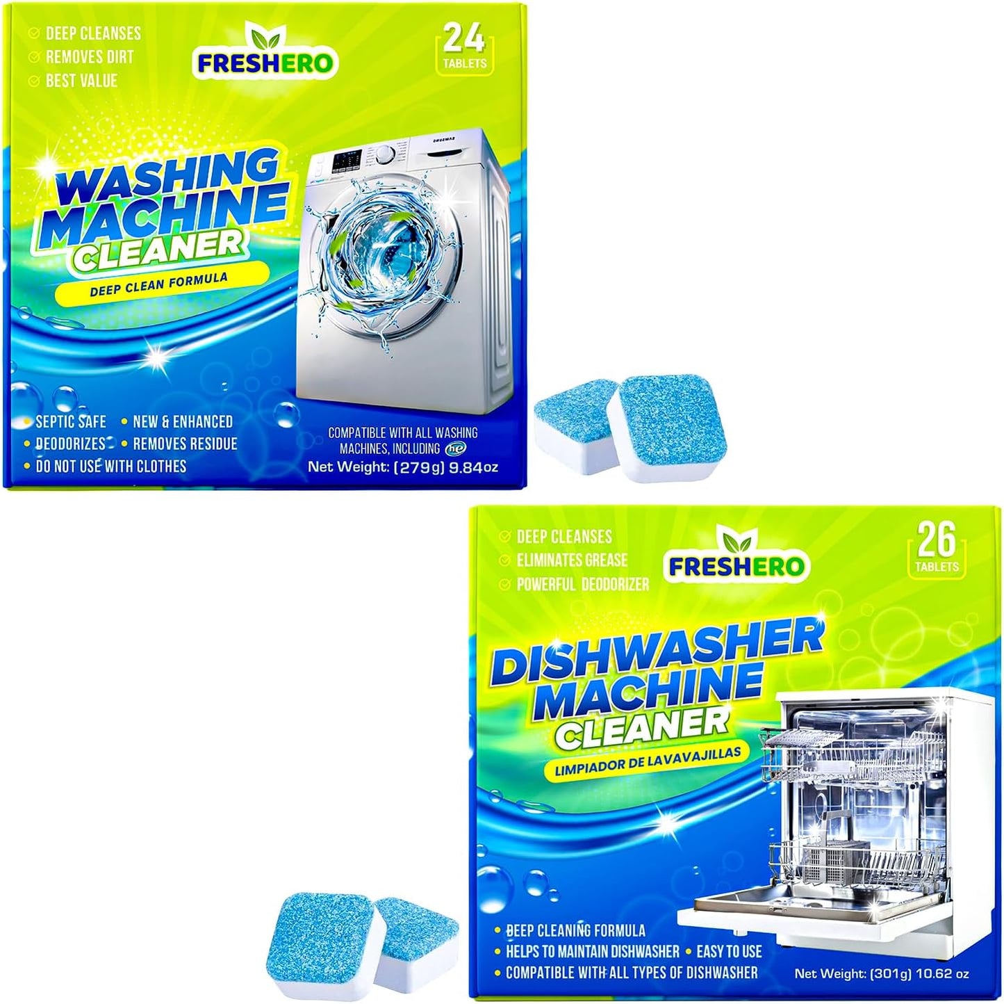 Washing Machine & Dishwasher Cleaner Tablets, 50 Count, Unscented, Compatible with Front/Top Loader & HE Washers, Removes Residue, Stains, Grime & Limescale, 12-Month Supply