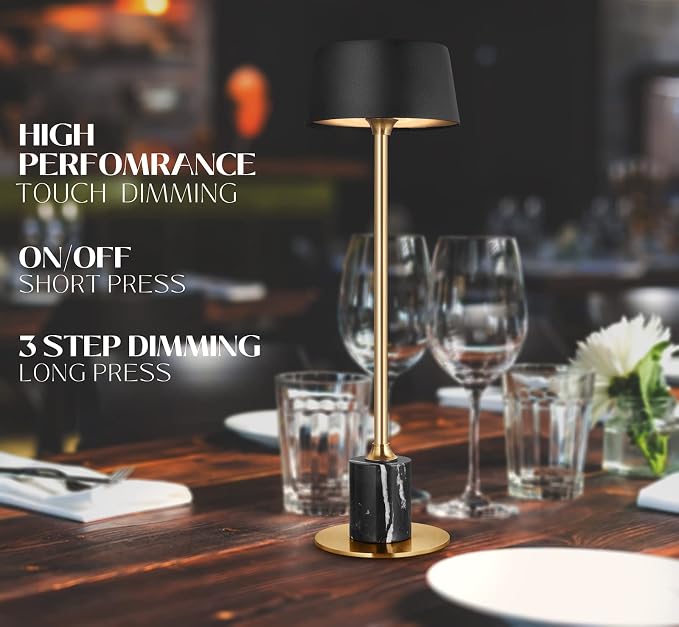 Cordless Table Lamp Set of 2, Rechargeable and Battery Operated, Powered by 2000mAh Battery, 18-Hour Run Time, Dimmable,Black and Gold Lamp for Bedroom, Kitchen,Restaurant, Buffet and Cafe