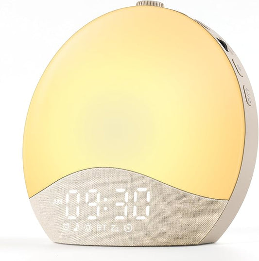 ecozy Sunrise Alarm Clock for Bedroom, White Noise Sound Machine, 26 Soothing Sounds, 17 Night Lights, Bluetooth Speaker, Music-Sync Lights, Wake Up Sunlight for Heavy Sleepers, Adults, Kids - Natural