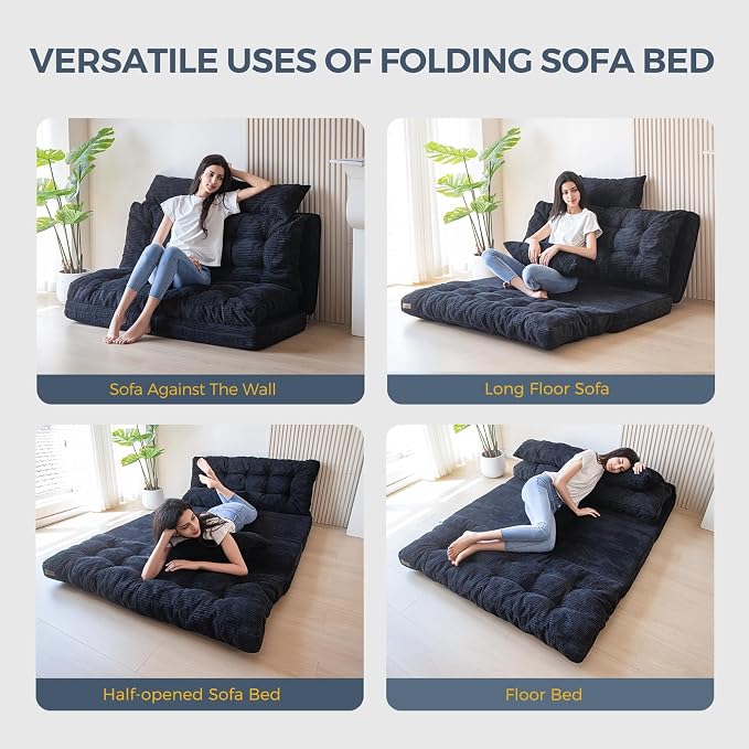 MAXYOYO Folding Sofa Bed, Tufted Bean Bag Bed with Pillows Floor Couch for Adults, Extra Thick and Long Floor Sofa, Full Floor Couch Bed for Bedroom Living Room, Black, 54x91 Inch