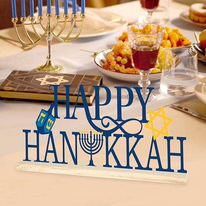 COCHIE Metal Happy Hanukkah Sign, Chanukah Menorah Turkey Table Centerpieces Decorations for Home, Office, Shelf, Mantel, Indoor, Jewish Festival Candles Party Supplies Decor (Hanukkah)
