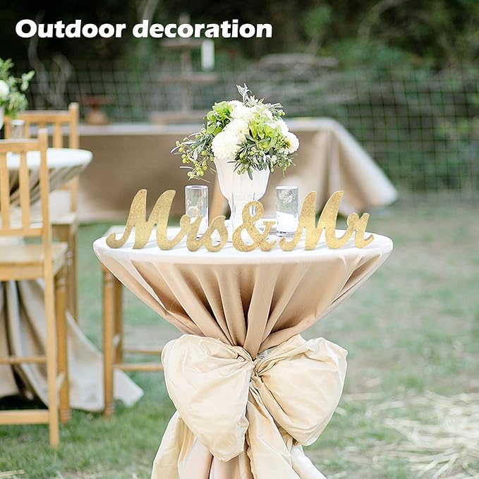 JOYLEX Mr Mrs Sign for Wedding Table, Mr and Mrs Wooden Letters, Large Mr. & Mrs. Party Decoration Items, Head Table Wedding Sign for Anniversary Party Valentine's Day Vintage Decor-Golden