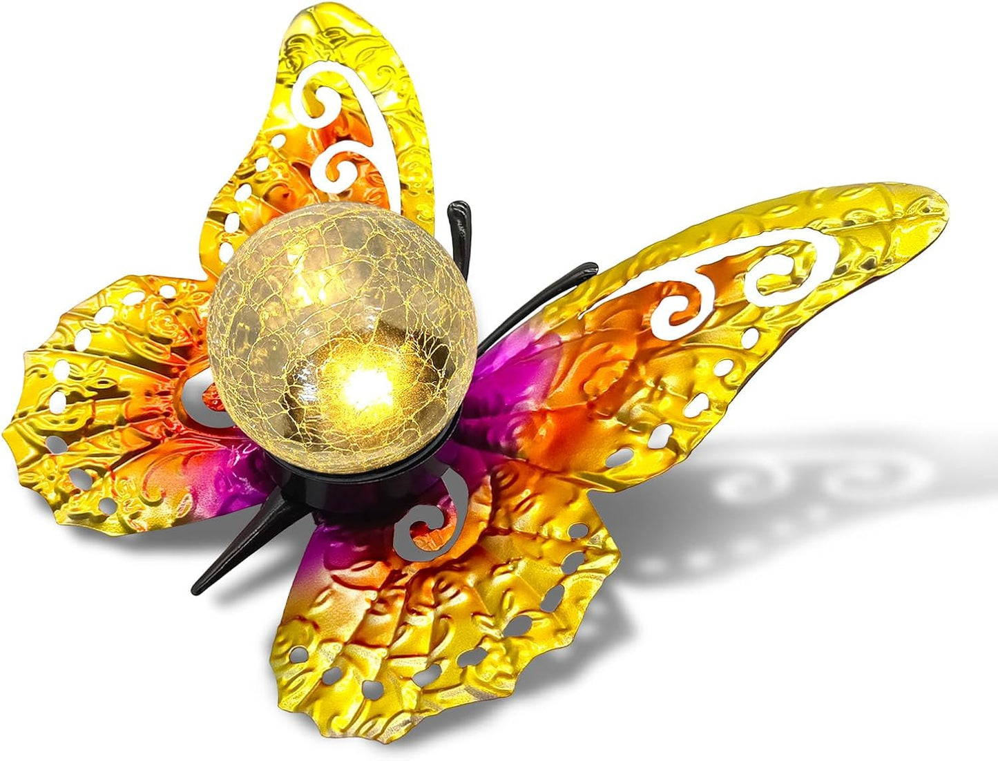 Solar Lights Outdoor Garden Butterfly Decor, Metal Butterfly Statue Decoration with LED Crackle Glass Globe, Solar Powered Lighted Garden Art Decor for Patio Lawn Yard Pathway Tabletop Ground