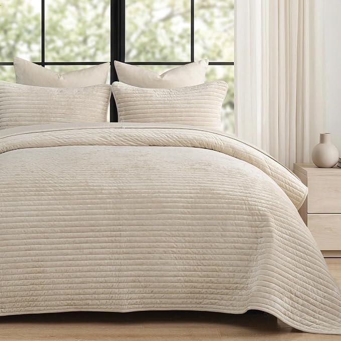PHF Luxury Velvet Quilt Set King Size – 3PCS Ultra Soft Quilted Comforter Alternative with Striped Channel, Cozy Quilted Bedspread, 1 Coverlet with 2 Matching Shams, 108" x 92", Sand