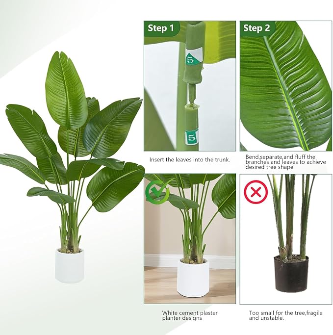 Pack 2 Artificial Bird of Paradise Plant 4FT Fake Palm Tree Feaux Plants in White Pot Artificial Tree Fake Plant for Indoor Outdoor Modern Decoration for Home Living Room Office