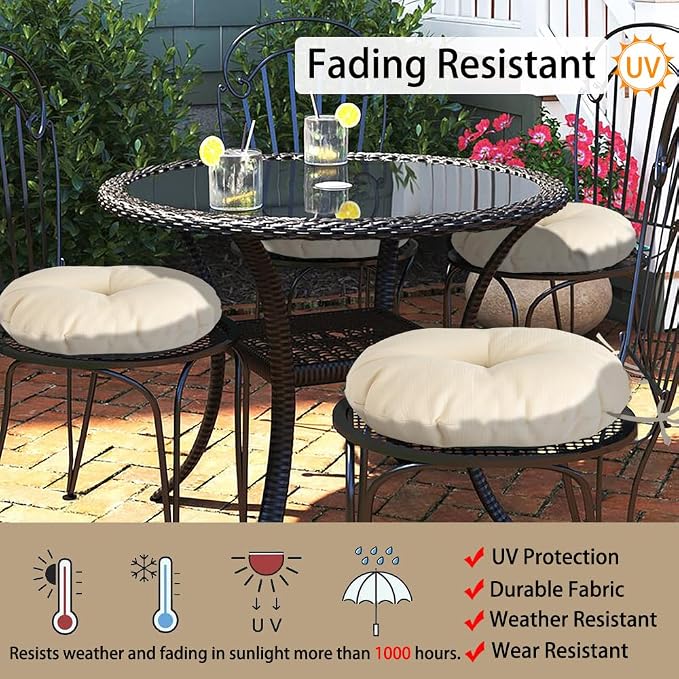 Magpie Fabrics Outdoor 15"x15"x4" Round Bistro Seat Cushions with Ties Set of 2, Tufted Waterproof Patio Floor Chair Pads for Home Garden Balcony Kitchen Office Porch, Beige