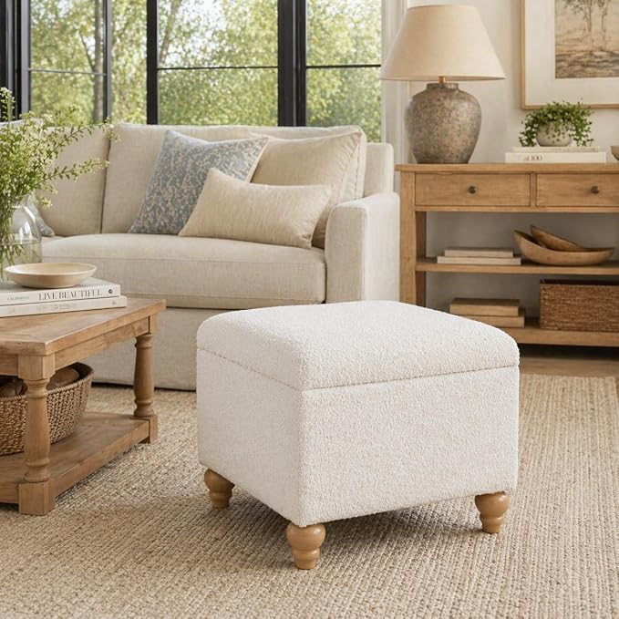 HomePop 22" Medium Rectangular Storage Ottoman - Cream Boucle