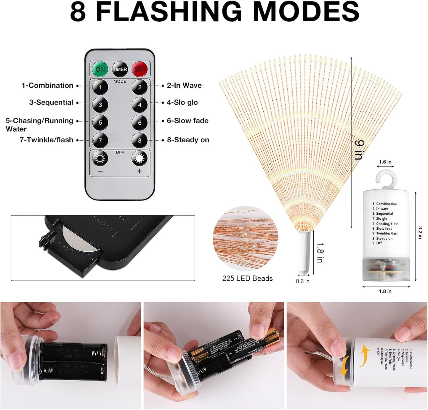 Techip 4Pcs Multicolor String Lights - 225LED Copper Wire Hanging Lights with Remote, 8 Modes, Waterproof for Wedding & Christmas Decorations