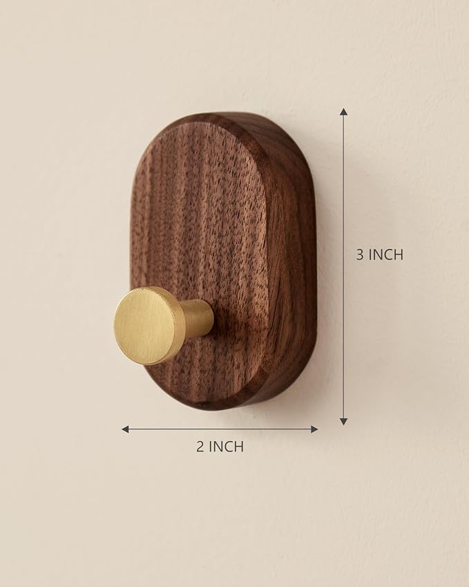 Wood Coat Hooks Wall Mount - Modern Walnut Coat Hook with Bronze Accent for Hanging Clothes,Keys,Purse,Robes,Towel,Backpacks, Single Brass Wall Hooks Heavy Duty for Entryway, Closet, Bathroom (2 Pack)