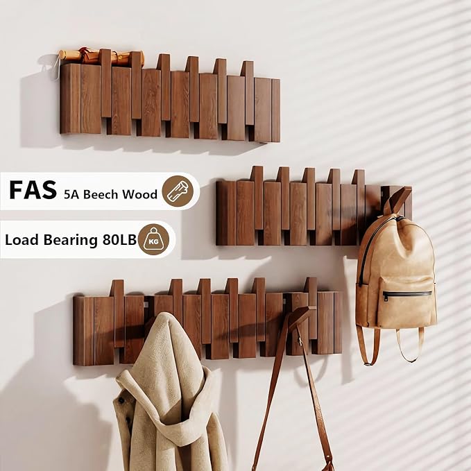 Wall Mounted Coat RackHooks Piano Key Hangers Natural Solid Wood Hanger Non-Woven Fabric Clothes Hangers for Closet, Kitchen, Bedroom, Bathroom, Entryway (Led Walnut, 6 Hooks)