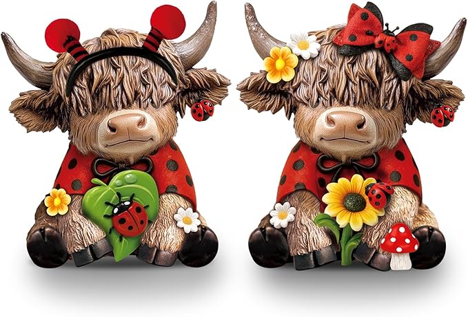 Karenhi 2 Pcs Spring Ladybug Highland Cow Figurines, Summer Ladybird Cute Resin Cow Decoration Statue Calf Gifts for Home Garden Kitchen Office Tiered Tray Table Decor