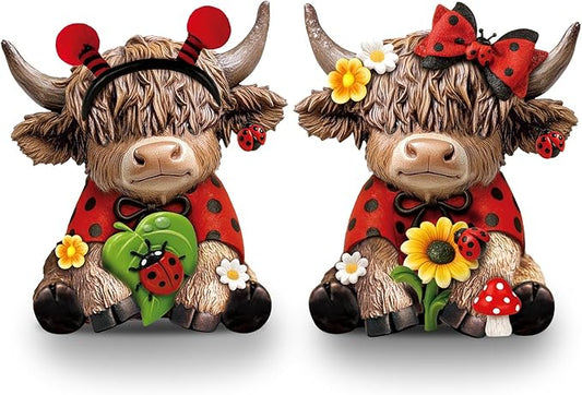 Karenhi 2 Pcs Spring Ladybug Highland Cow Figurines, Summer Ladybird Cute Resin Cow Decoration Statue Calf Gifts for Home Garden Kitchen Office Tiered Tray Table Decor
