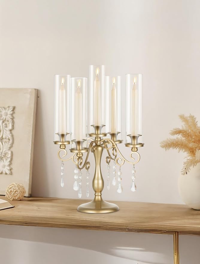 Sziqiqi Gold Candelabra Candle Holder: 5 Arm Vintage Candelabras Wedding Centerpieces for Table - Candlestick Candle Holders with Hurricane Glass for Table Centerpiece Christmas Party Event
