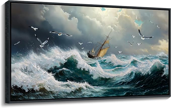 YDYSUNE Ocean Wall Art - Retro White Canvas painting Sailboat Wall Decor Textured Picture Artwork Nautical Adventurer Painting Coastal Art Framed for Living Room Bedroom Home 20x40inch