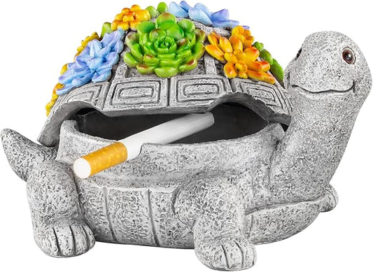 LESES Ashtray, Outdoor Ashtray with Lid Smokeless Waterproof Ash Tray with Cute Turtle Decor, Resin Ashtrays for Cigarettes Home Office, Porch Patio Decorations Indoor